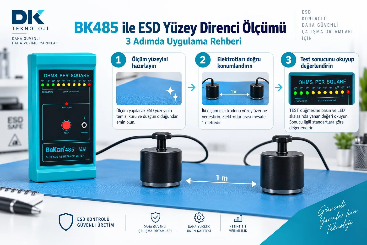 BK485 ile ESD yüzey direnci ölçümü üç adım uygulama rehberi