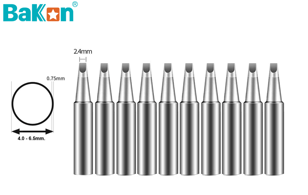 Bakon 900M-T-2.4D 2,4 mm D tipi keski lehimleme havya ucu ve 10 adet ürün görünümü