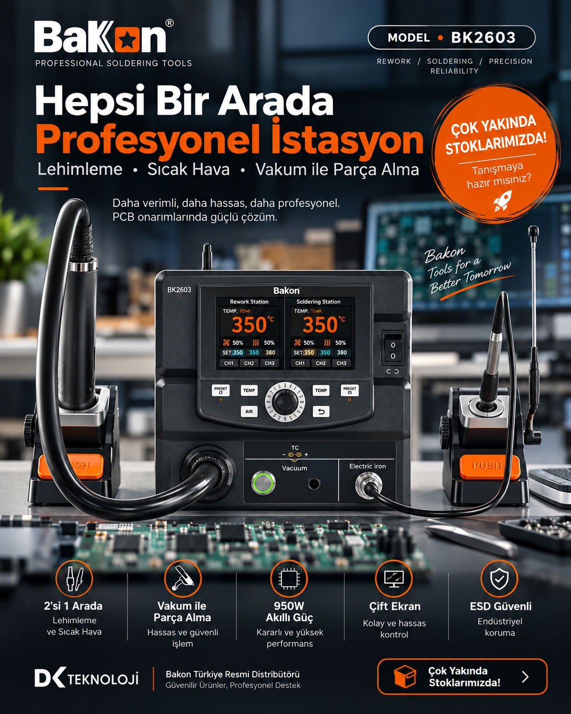 BAKON BK2603 3'ü 1 arada profesyonel rework sistemi çok yakında DK Teknoloji stoklarında