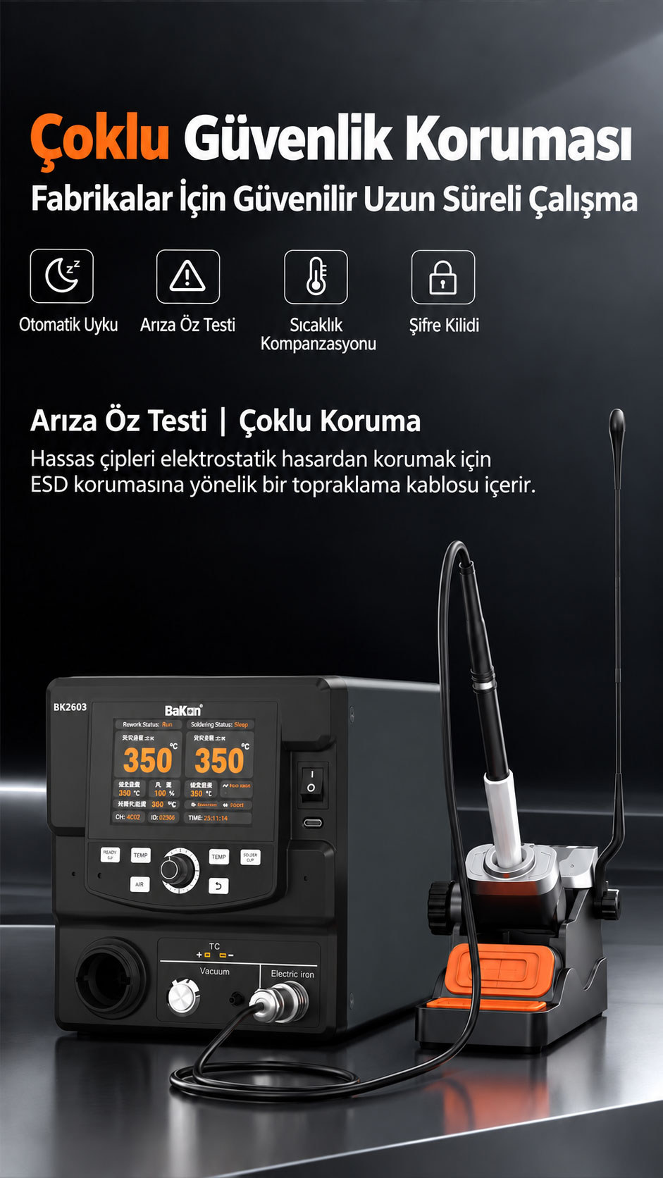 BAKON BK2603 Güvenlik Özellikleri BAKON BK2603 havya istasyonu güvenlik özellikleri