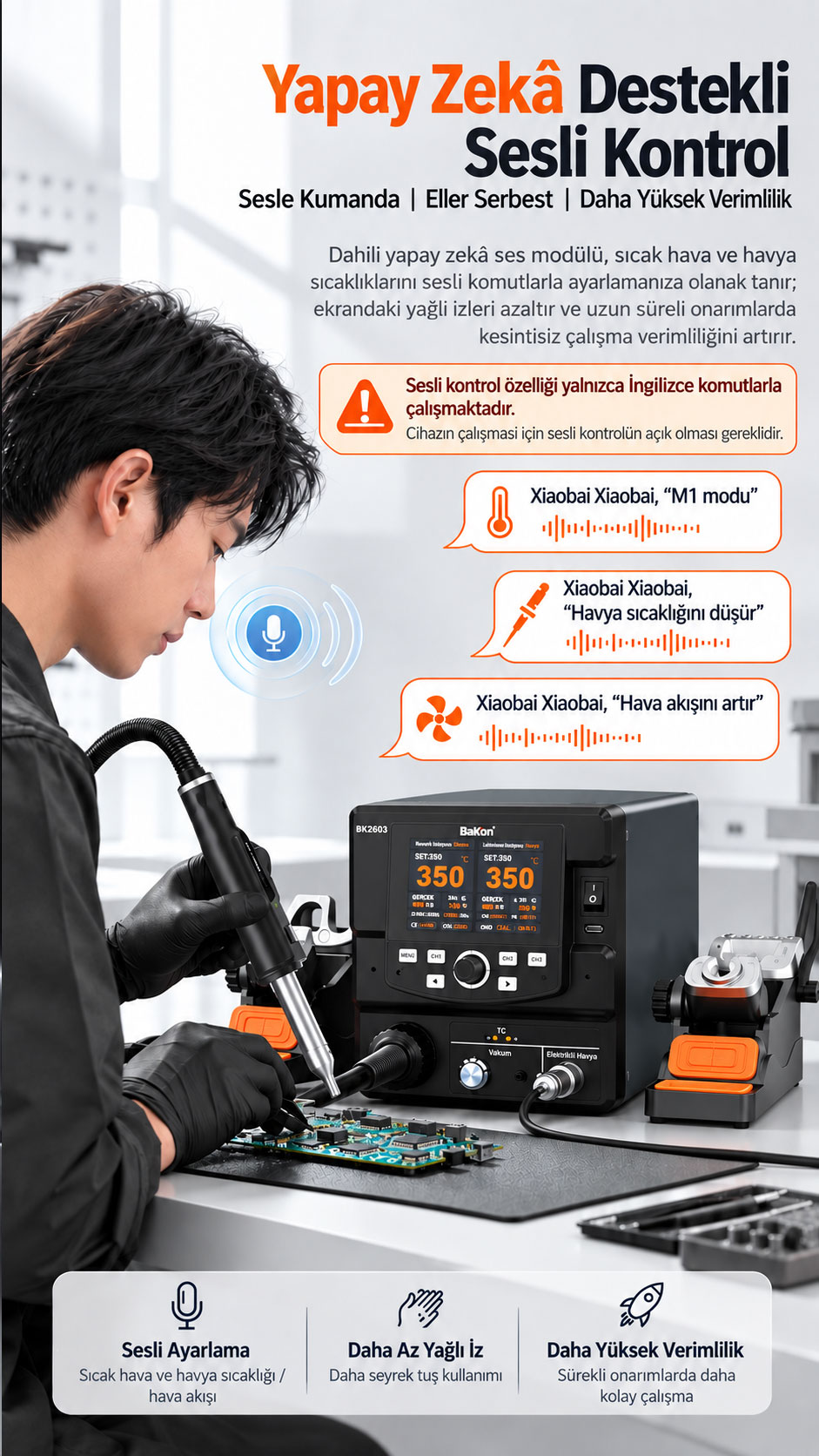 BAKON BK2603 Sesli Kontrol BAKON BK2603 İngilizce sesli kontrol havya istasyonu