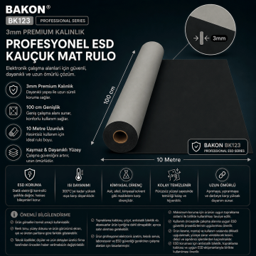 Bakon BK123 ESD Gri Örtü 100cmX10 mt Kalınlık:3 mm