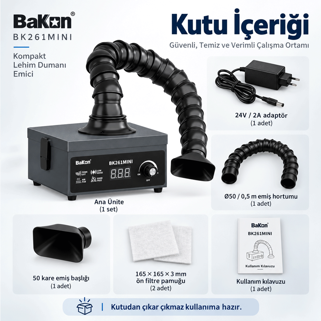 BAKON BK261 MINI Lehim Dumanı Emici kutu içeriği