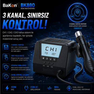Bakon BK880 Intelligent Sıcak Hava İstasyonu 550 Watt