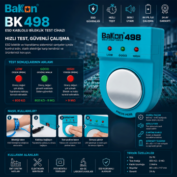 Bakon BK498 ESD Kablolu Bileklik Test Cihazı