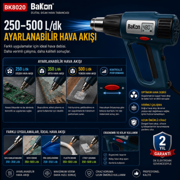 Bakon BK8020 Dijital Sıcak Hava Tabancası 2000 Watt